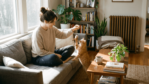 Apartment cat interacting calmly with owner during a daily indoor routine