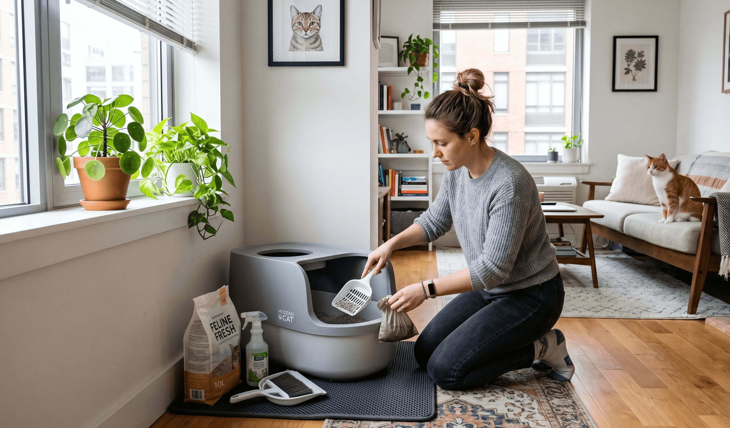 Cat owner cleaning a litter box inside a small apartment