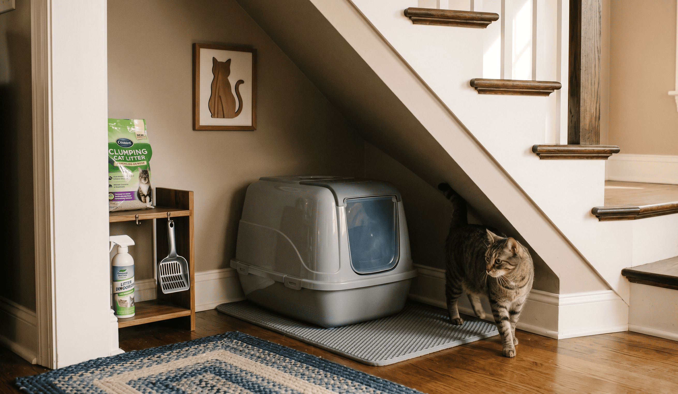 cat litterbox placed under stairs