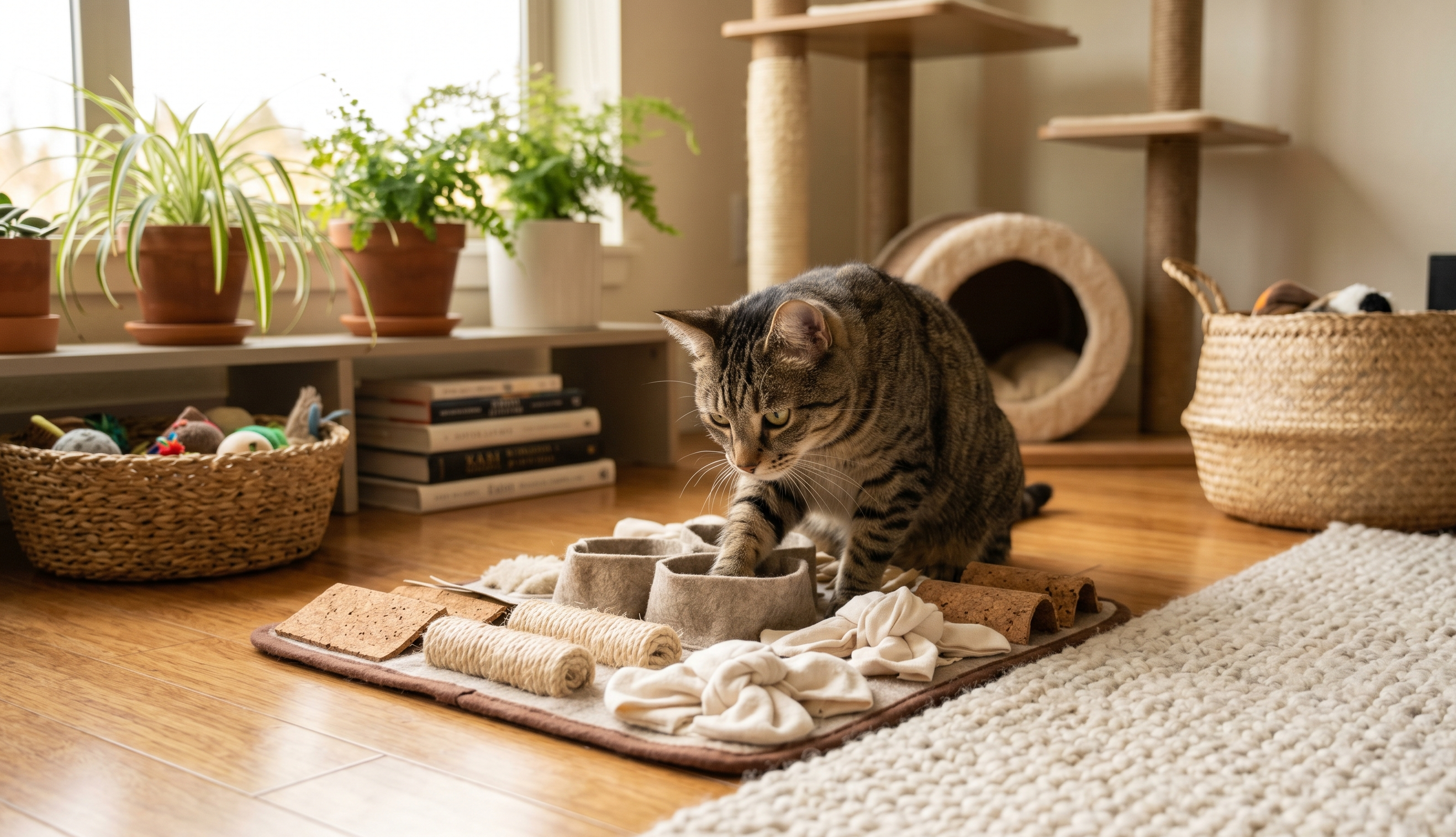 Indoor cat exploring sensory enrichment activities in a small apartment