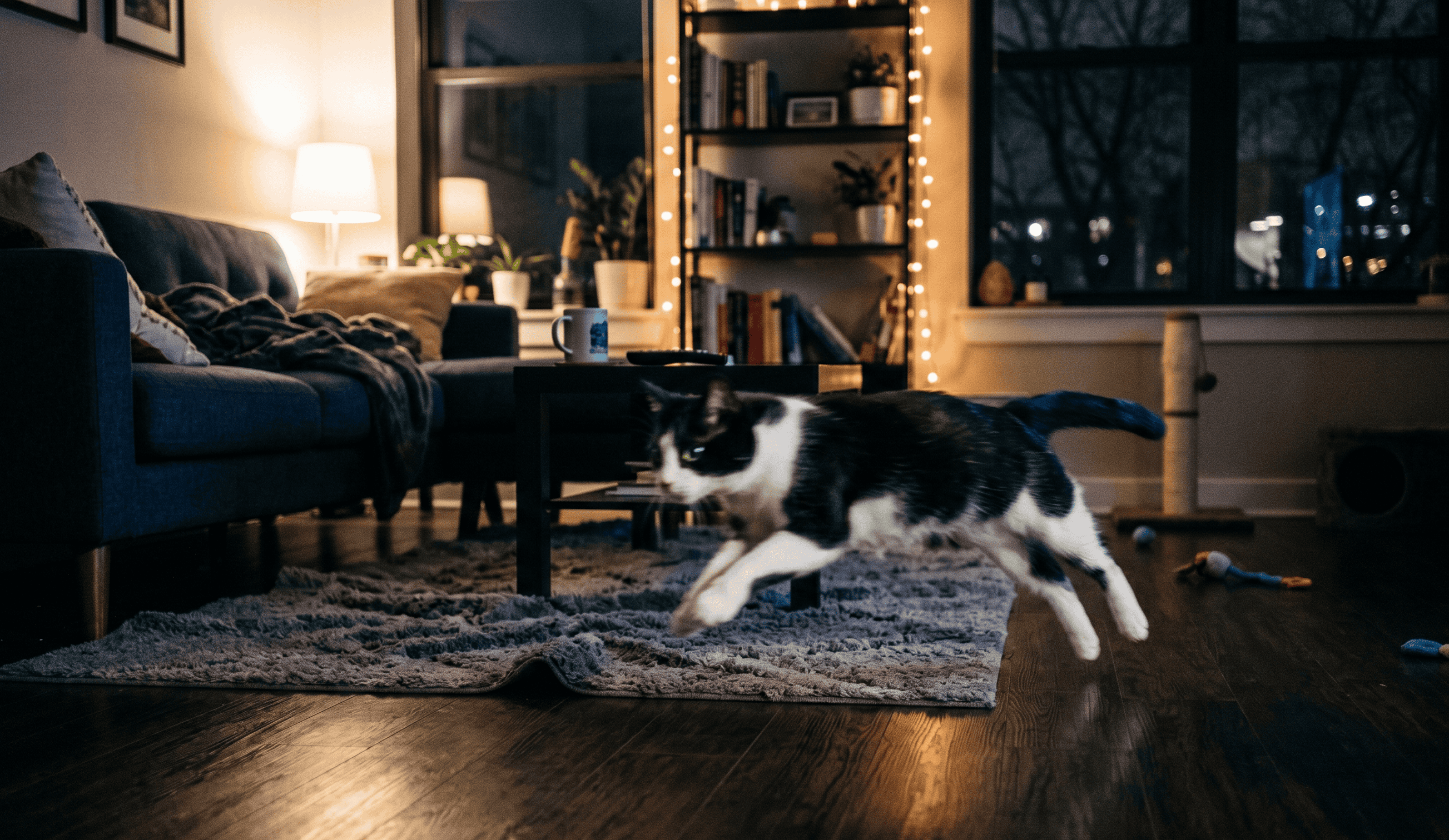 cat night zooming at apartment